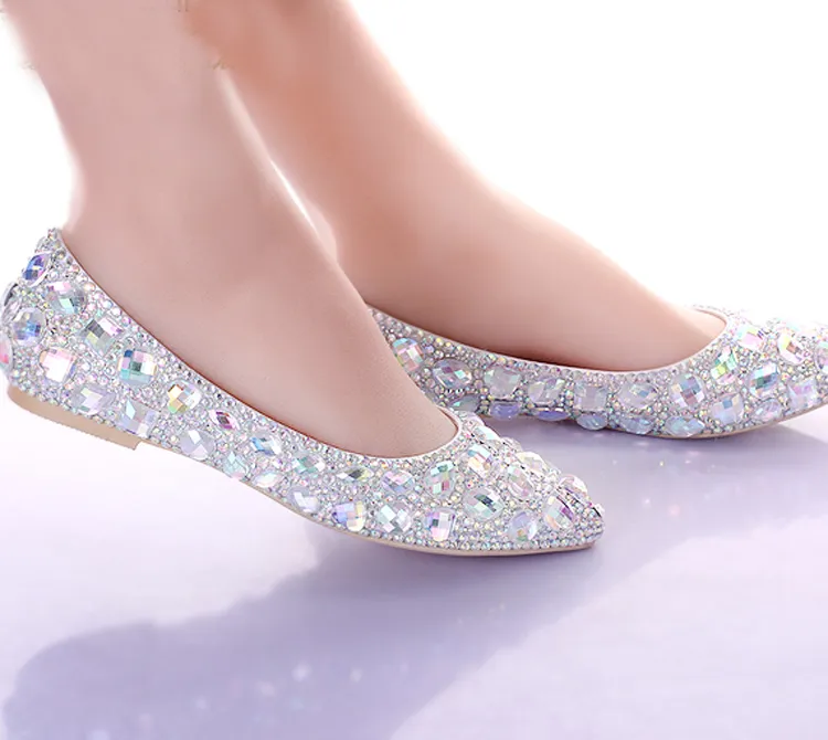 Talons plats bout pointu AB cristal chaussures de mariage argent danse appartements Performance spectacle femmes chaussures habillées chaussures de demoiselle d'honneur de mariée