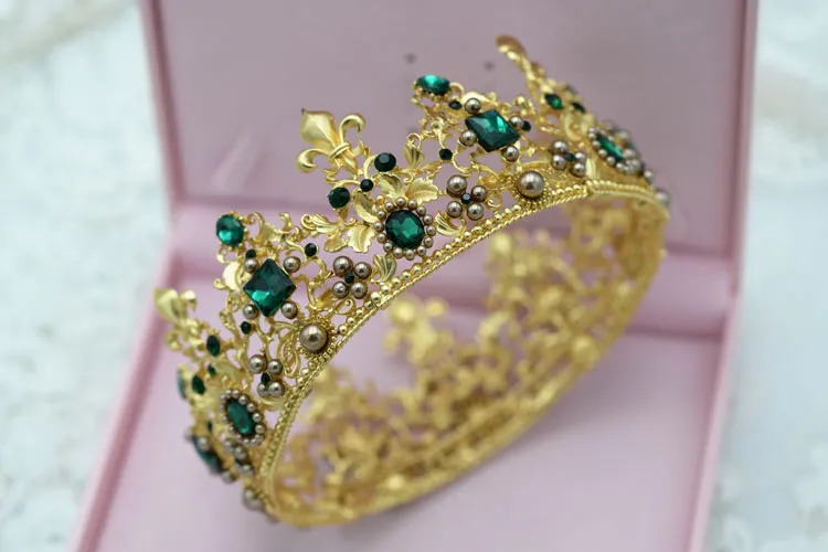 Księżna Maria Rosja Szwecja Chic Regal Vintage Kings Gold Green Rhinestones Royal Crowns for Wedding Prom Party Crown 5247825