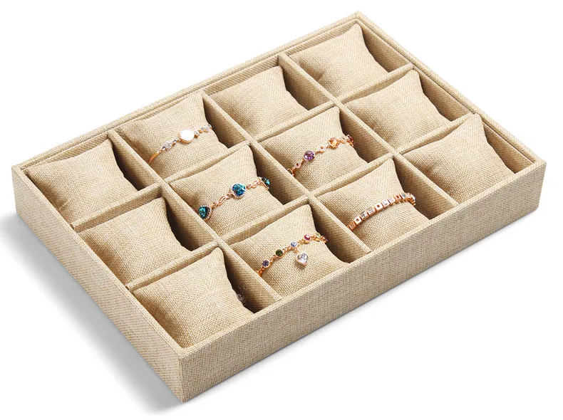 High-End Linen Box Box Bransoletka Zegarek Tray Biżuteria Wyświetlacz Uchwyt Stojak Boutique Biżuteria Przechowywania 12 Siatka Mała poduszka Taca