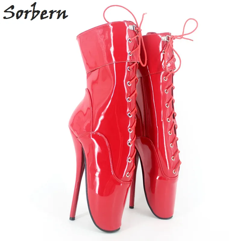 Sorbern Blue Patent Läder Nya Ballett Ankelstövlar 7 Spike High Heel Black Glänsande Ballettskor med Lace Fetish