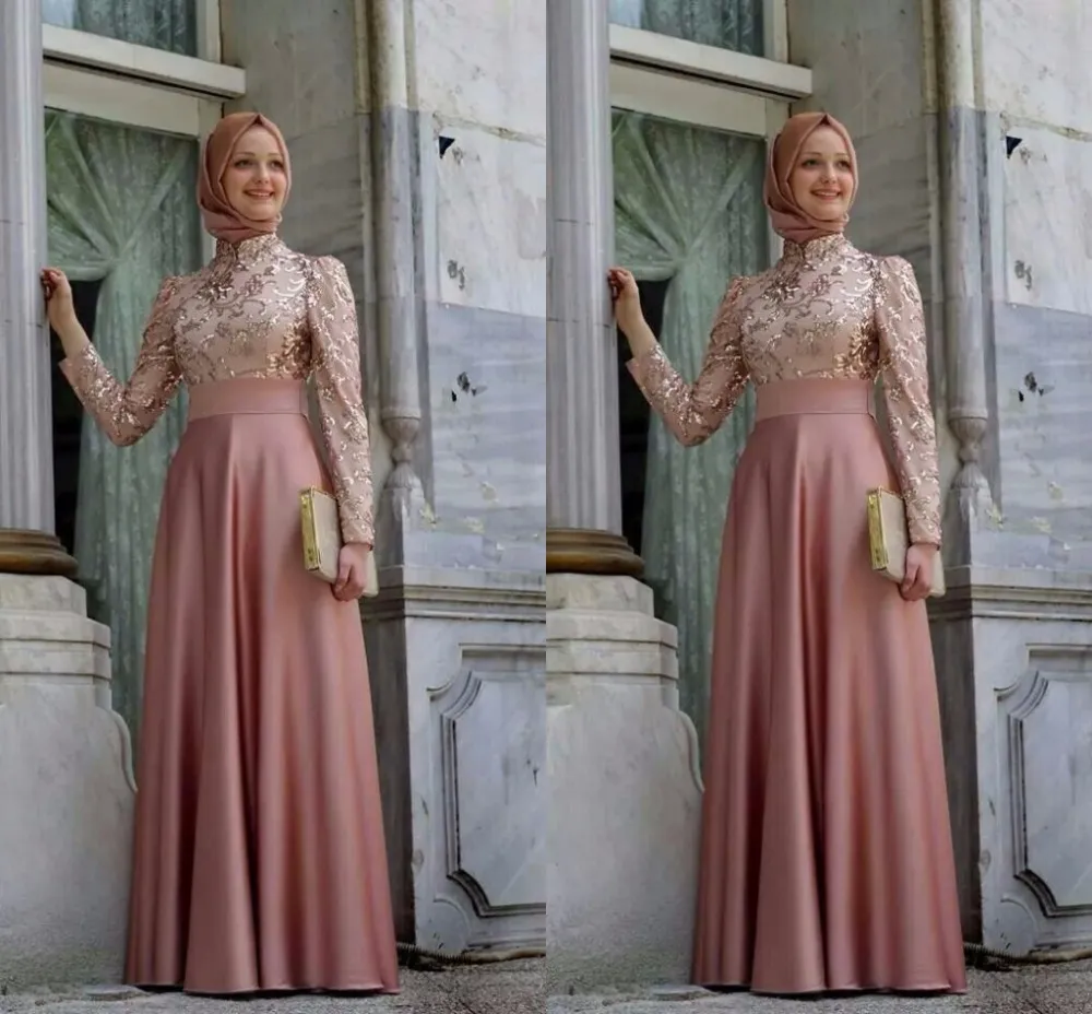 سواريه الحجاب فساتين عالية الرقبة طويلة الأكمام vestidos 2016 ألف خط رداء دي سواريه الذهب زين الحرير الأنيق آسو ebi طويل مساء اللباس