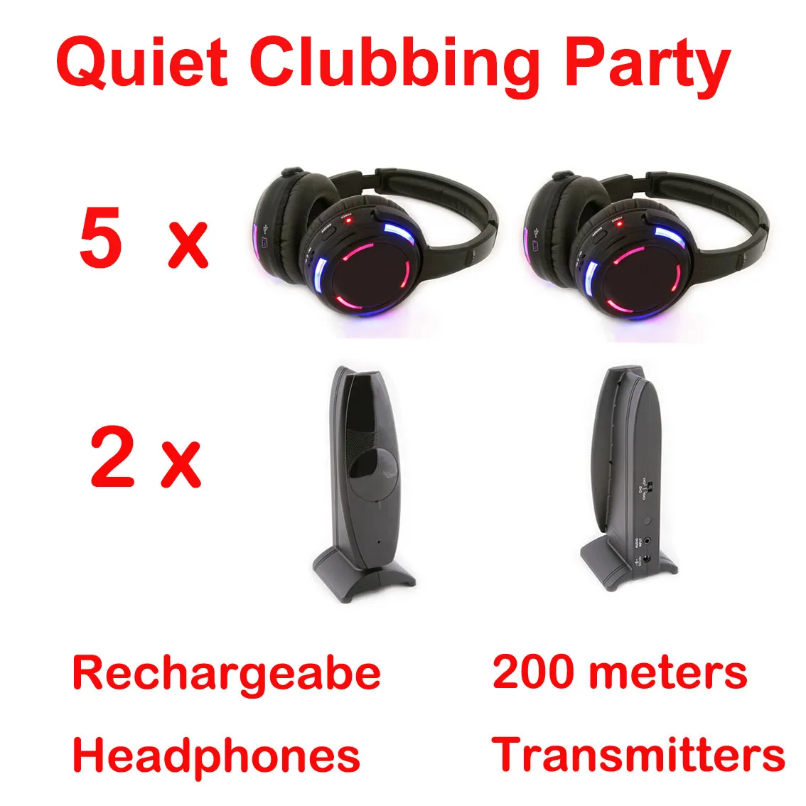 Silent Disco Compete System Black LED draadloze hoofdtelefoons - stille knuppelfeestbundel met 5 oortelefoons en 2 zenders