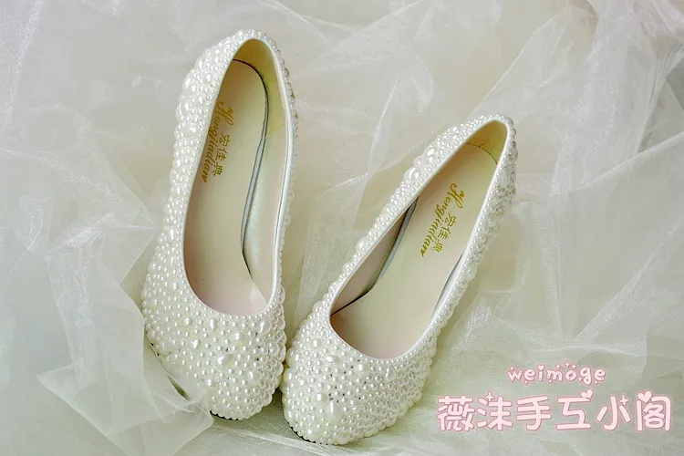 Handmade Pearl Wedding Shoes 2015 New Flat 4.5cm 8cm Heel Ivory Kitten Heel Bridal Shoes Custom Made Size Shoes Bridesmaid Shoes Slip-ons