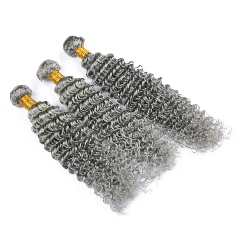 Cheveux gris argentés à vague profonde 3 faisceaux avec fermeture frontale 13x4 100 Extension de tissage de cheveux bouclés profonds de cheveux humains avec fermeture frontale supérieure