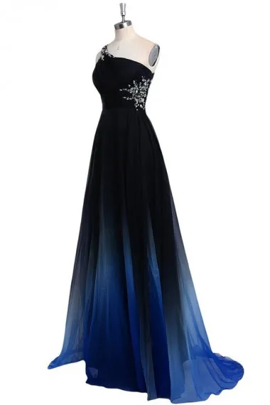 2022 Ombre Gradiant Color Vestidos de noche Un hombro Empire Cintura Gasa Negro Royal Blue Designer Long Cheap Prom Formal Pageant Dress