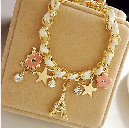 Free shipping Bracelets&bangles gem PU leather Rhinestone bracelet for women 18k gold plated Jewelry Wholesale