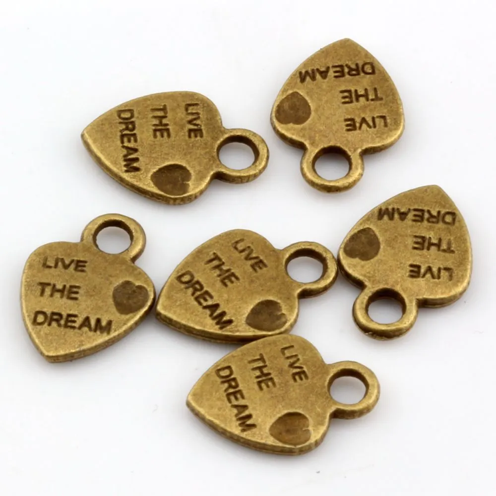 Mini Heart "Live The Dream" Charms Pendants For Jewelry Making Bracelet Necklace DIY Accessories 9x12.5 mm Antique Bronze 