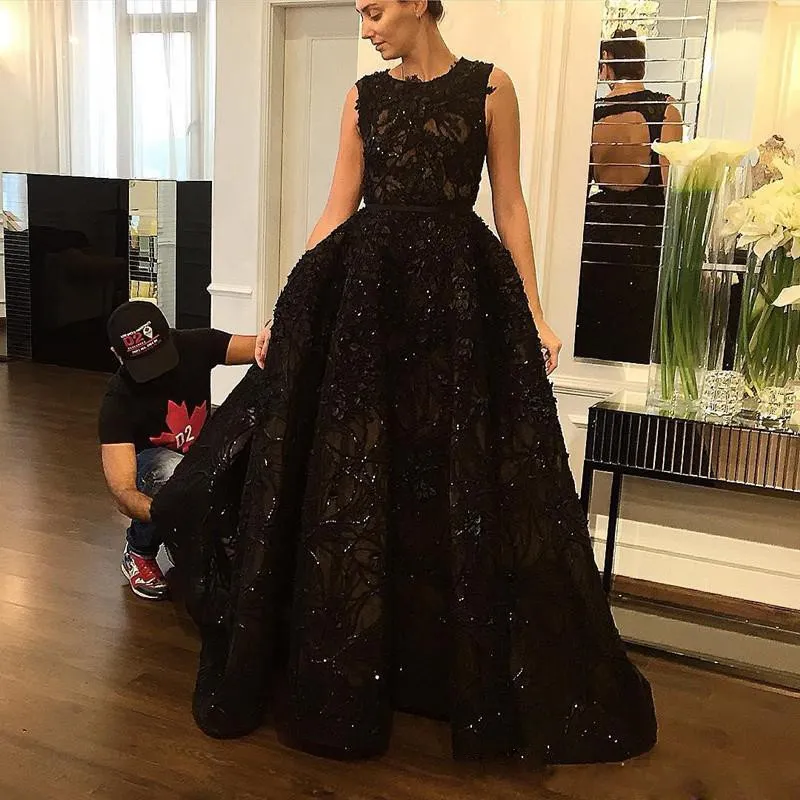 Zuhair Murad Black Evening Gown Sleeveless Full Applique Beads Prom Dress with Detachable Train Sweep Train Sequins Dresses Formal1418149