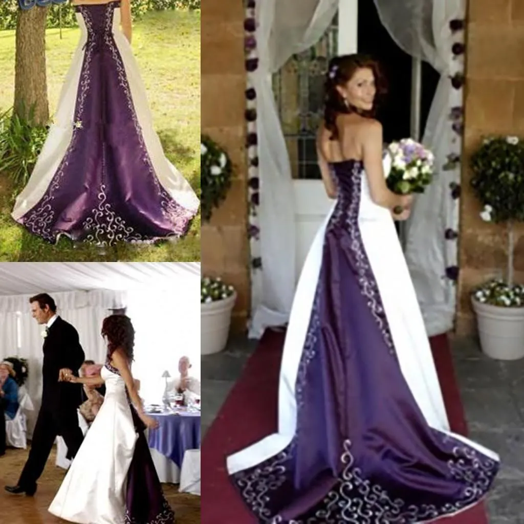 ホットホワイトと紫のウェディングドレス2020刺繍vestido deカスタムメイドのAラインストラップレスレースアップチャペル列車ブライダルガウン