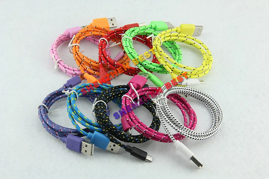 Gratis frakt !! Färgrik Ny 1m Tyg Nylon Flätad Micro USB-kabel för Samsung för BlackBerry till HTC Cloth Flätad Kabel / 