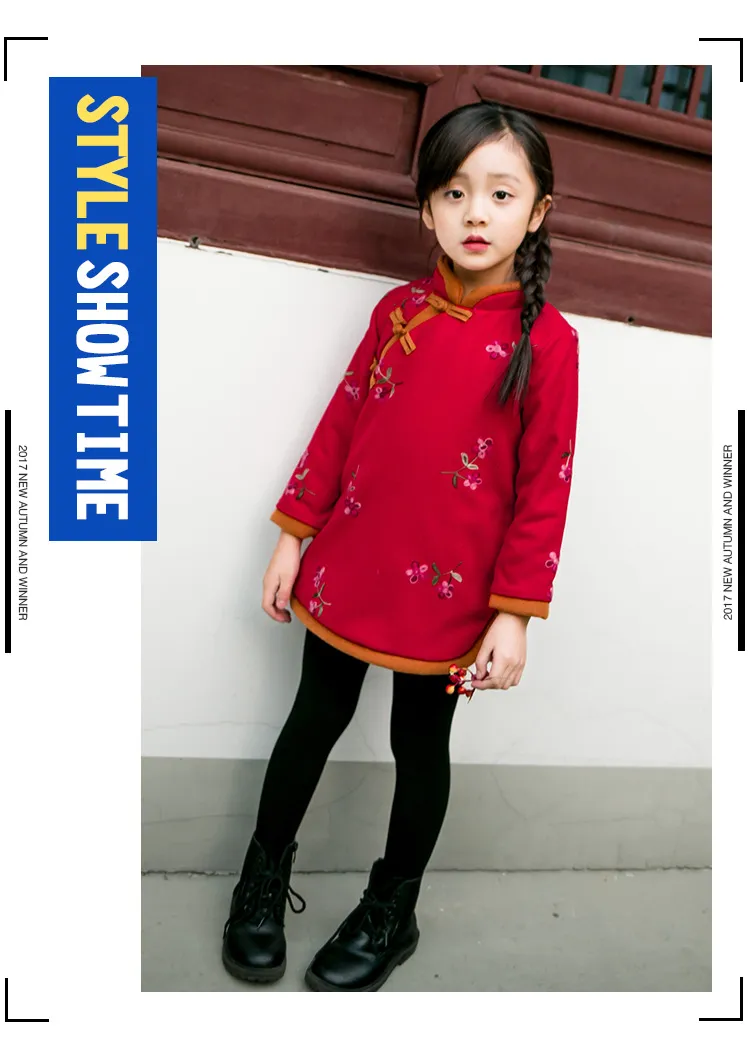 2018 nyår flickor klänningar kinesisk stil tjejer broderade cheongsam klänning höst vinter tjejer kläder barn kläder tjock baby kläder
