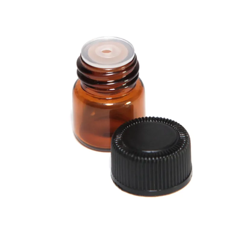 2000pcs / lot 1ml (1/4 DRAM) Amber Glas Essentiële Olie Fles Parfum Voorbeeldbuizen Fles met Plug en Caps