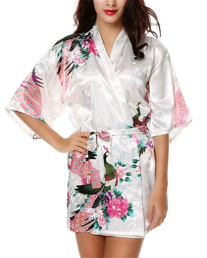 Ladies Satin Robes Wedding Robe Sleepwear Pijama Bathrobe Women's Peacock And Blossoms Silk Kimono Robe Sexy Nightgown