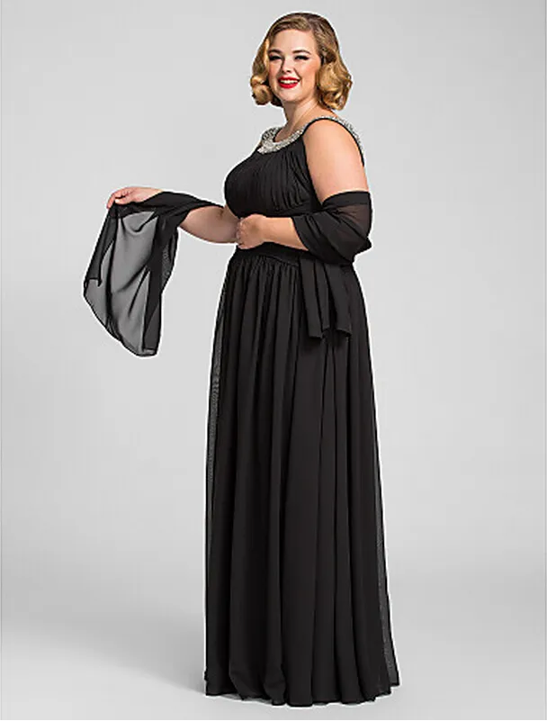 Sexy plus size A-lijn juweel vloer lengte chiffon avond / prom jurk met sjaal