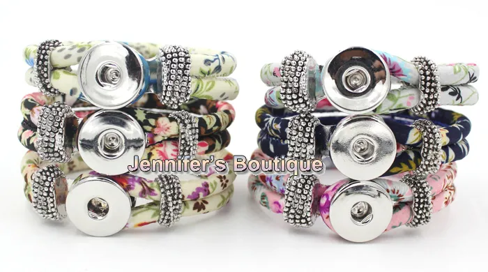 Wholesale Newest Classic Chunks Snap Bracelet, BRAND NEW Fashion Flower Printed Fabric Rope Bracelet Snap Jewelry