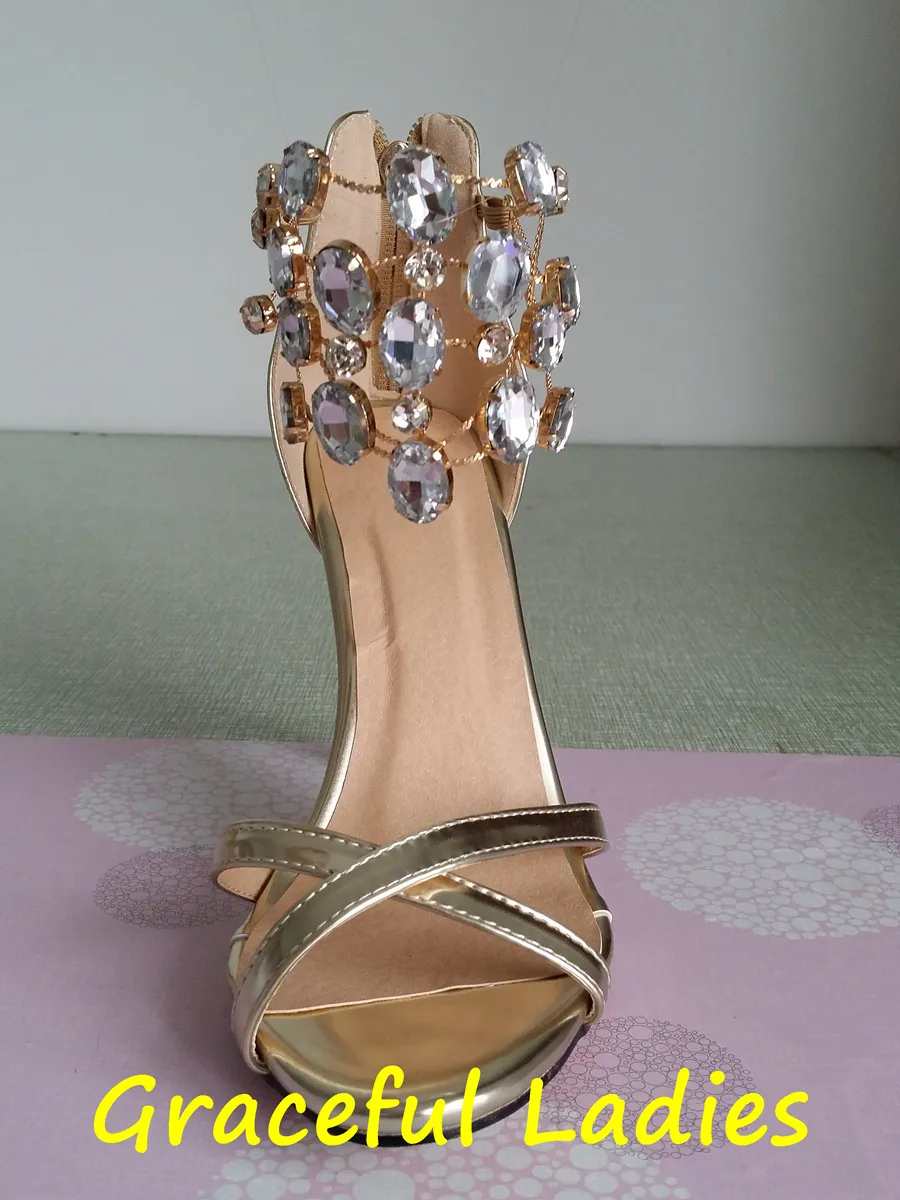 Scarpe da sposa con strass Sandalo Open Toe 2015 Décolleté da donna Cristalli Décolleté da donna su misura Cinturino avvolgente Tacchi alti da festa Argento oro disponibile