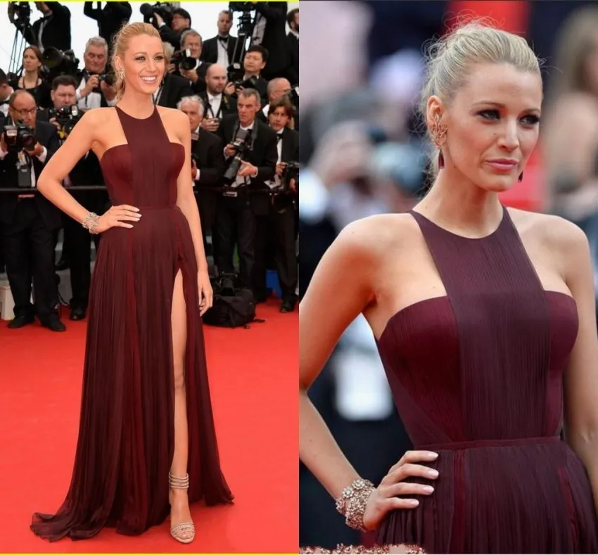 Nouveau design Blake Lively robes de tapis rouge robe de célébrité séduisante licou une ligne longueur de plancher côté fendu en mousseline de soie robes de soirée de bal