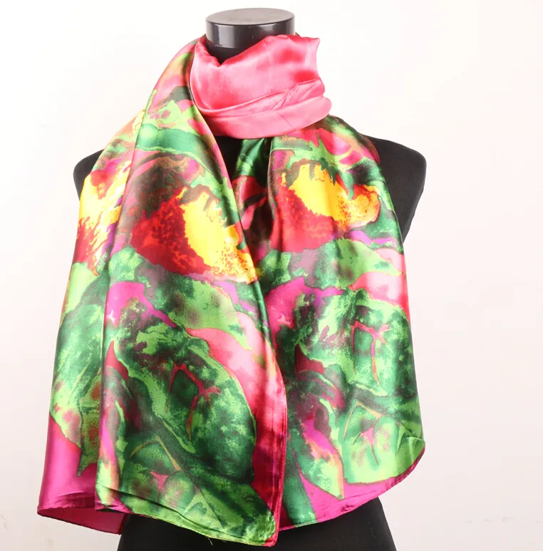 Blumen Grüne Blätter Rosa Damenmode Satin Ölgemälde Schals Langer Wickelschal Strand Seidenschal 160X50cm210o