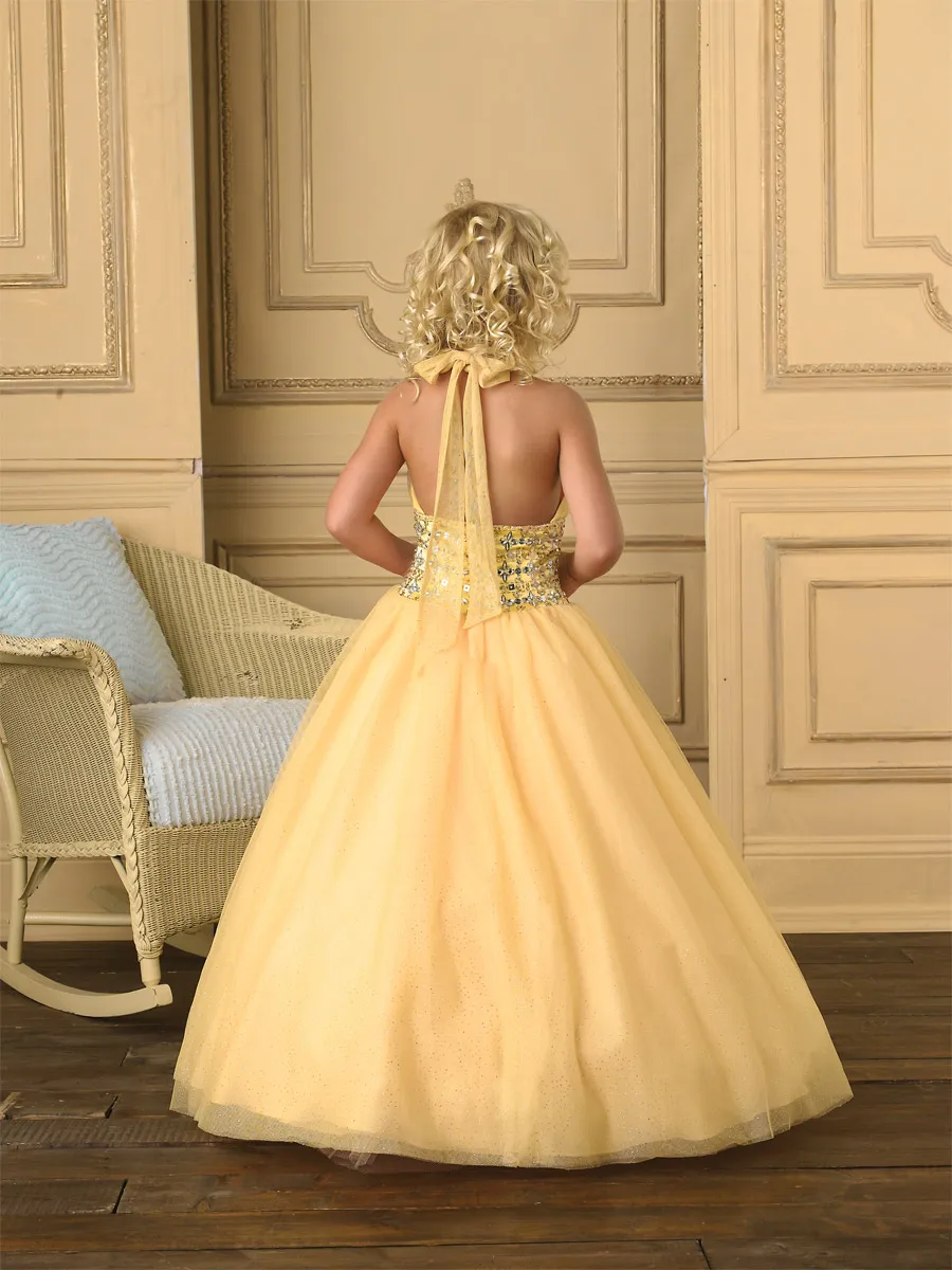 Stora rabattkula Halter Long Yellow Organza Girl's Pageant Klänningar Beaded Sequins Högkvalitativa Cupcake Flowers Girls Dresses