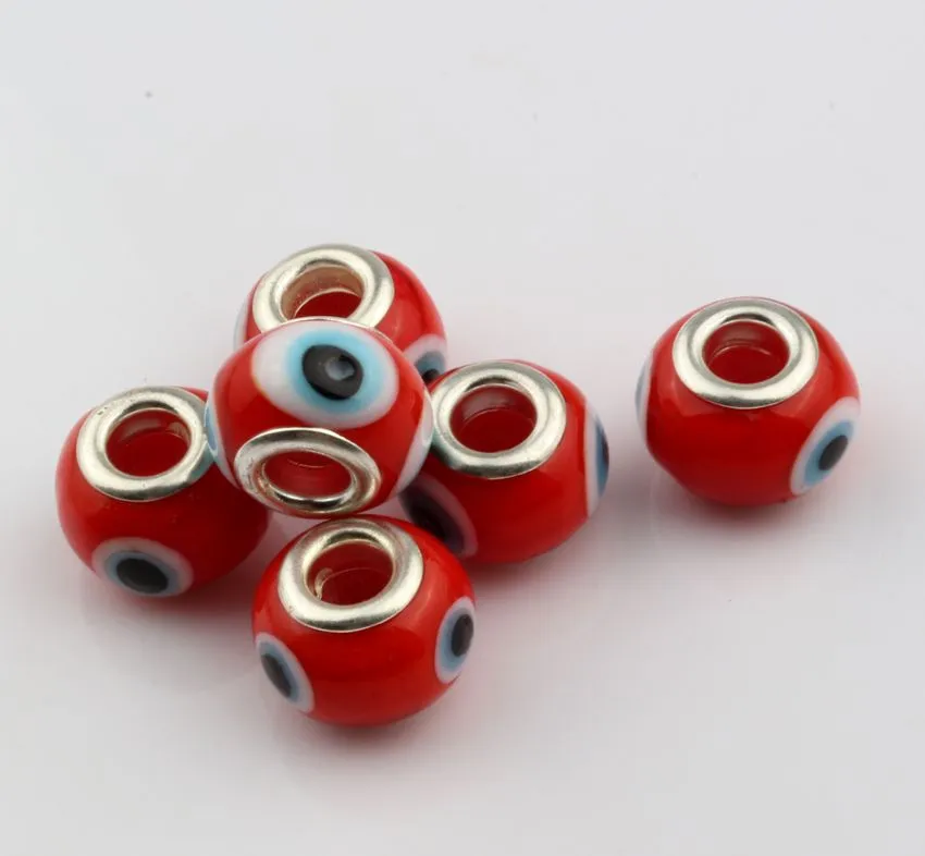 Evil Eye red Color Colored Glaze 5mm Big Hole Glass Beads Fit Charm Bracelet DIY Jewelry 14mm