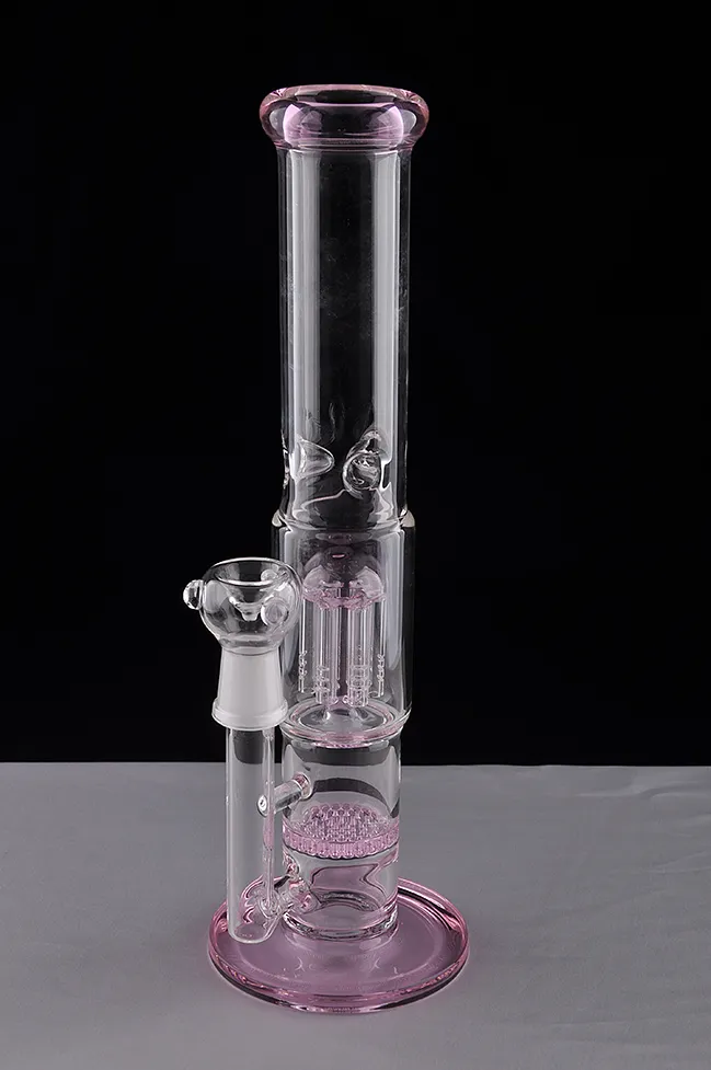 Rose Coloré Haute Droite Épais Verre Bongs Encoches De Glace 2 Fonction Verre Bong Pipe À Eau En Verre Pipes À Fumer Double Perc Narguilés 18 mm