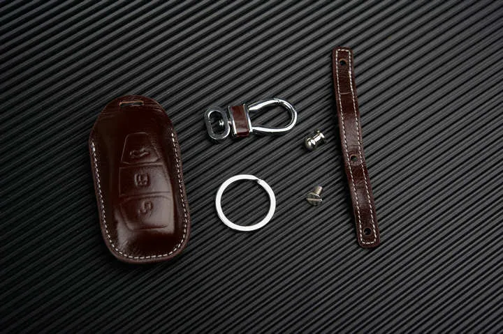 Äkta lädernyckelskyddshållare för Ford Focus 3 Kuga EcoSport Cmax Mondeo Fusion Smart Remote Nyckelfodral Wallet Holder Keychain R5792686