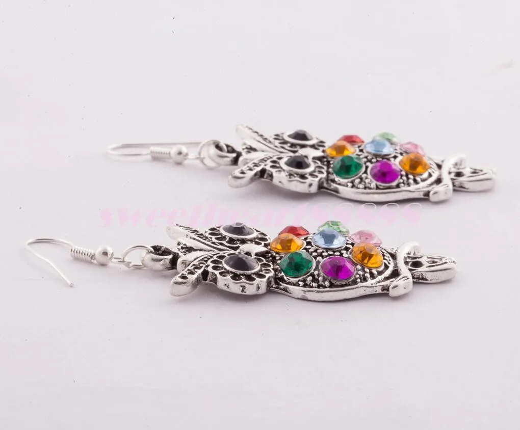 Owl Crystal 925 Silver Fish Hooks Earrings Dangles Chandelier Jewelry E1598 Hot sell Items