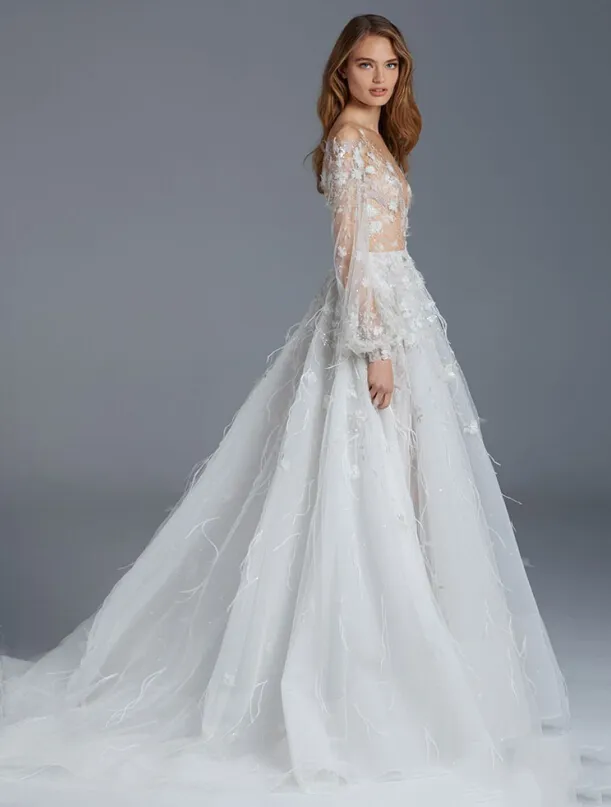 Paolo Sebastian Celerity Dresses Low Cut Neckline En Linje Tulle Golv Längd Lång Formell Klänning Handgjorda Blomma Fågelmönster Prom Klänningar