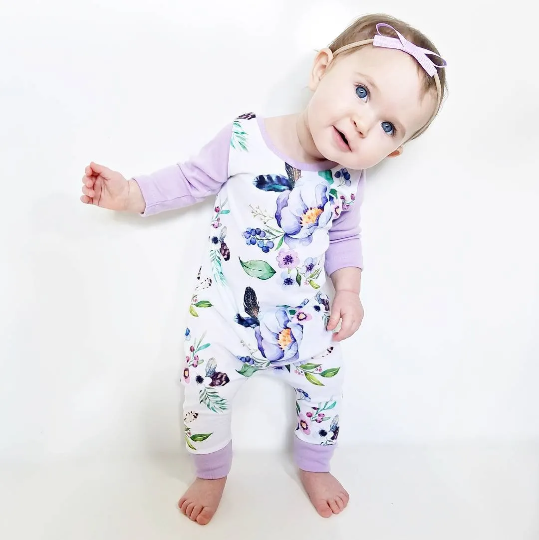 Belle nouveau-né bébé filles vêtements enfants barboteuse violet imprimé  fleuri coton combinaison bébé vêtements tenue à manches longues bébé