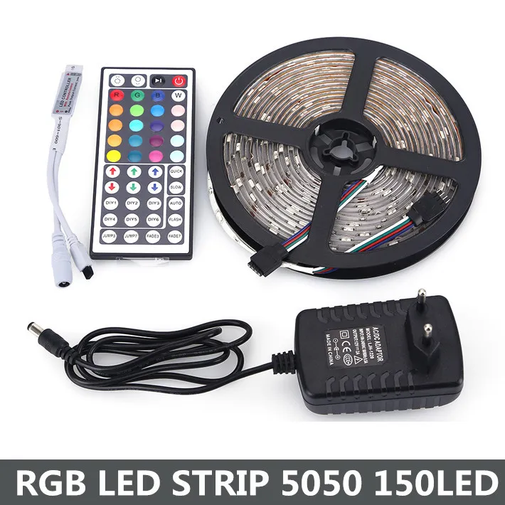 Tira conduzida RGB 5050 5 M 150 LEDs DC12V 30LED / M Luz Flexível Lâmpadas de Fita Com 12 V 36 W Poder + 44 chave Controlador Remoto