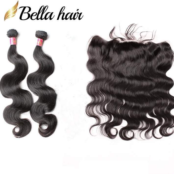 Bella Hair 8a الدانتيل الإغلاق الأمامي مع حزم الشعر ببرازيلي غير مجهزة تمديدات برازيلية طبيعية اللون الأسود