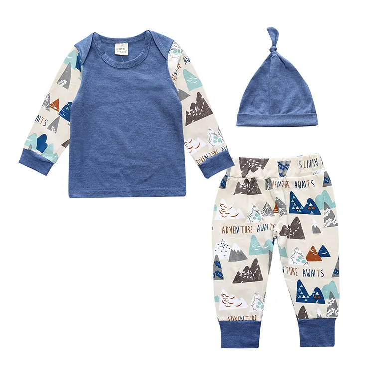 Baby Clothes Set Spring Autumn Infant Toddler Boys Outfits Cotton Long Sleeve Mountain Printed T-shirt + Long Pants + Hat Baby Clothing