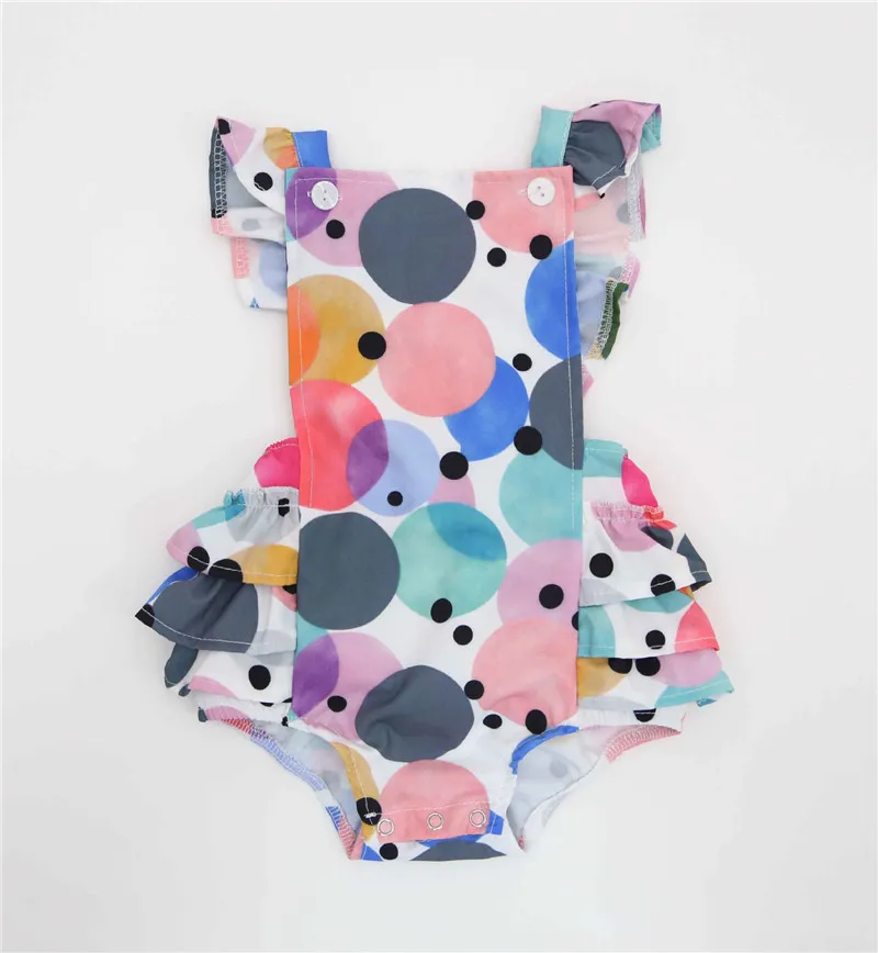 Mignon bébé fille vêtements été coton bébé barboteuses infantile enfant en bas âge mouche manches cercles colorés impression dos nu jarretelle combinaison body