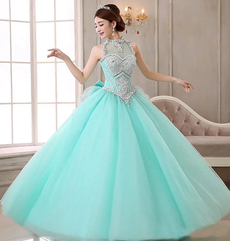 Mint GreenCoral Ball Gown Tulle Crystal BlingBling Quinceanera Dresses 2019 High Neck Customized Floor Length Bridal Masquer Outf38074925