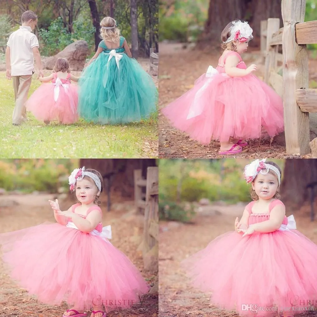 Pageant Vestidos Glitz Criança Rosa de menina Turquoise longo do bebê da flor Meninas vestido de noiva Princess Party Kids For Prom Vestidos Bow