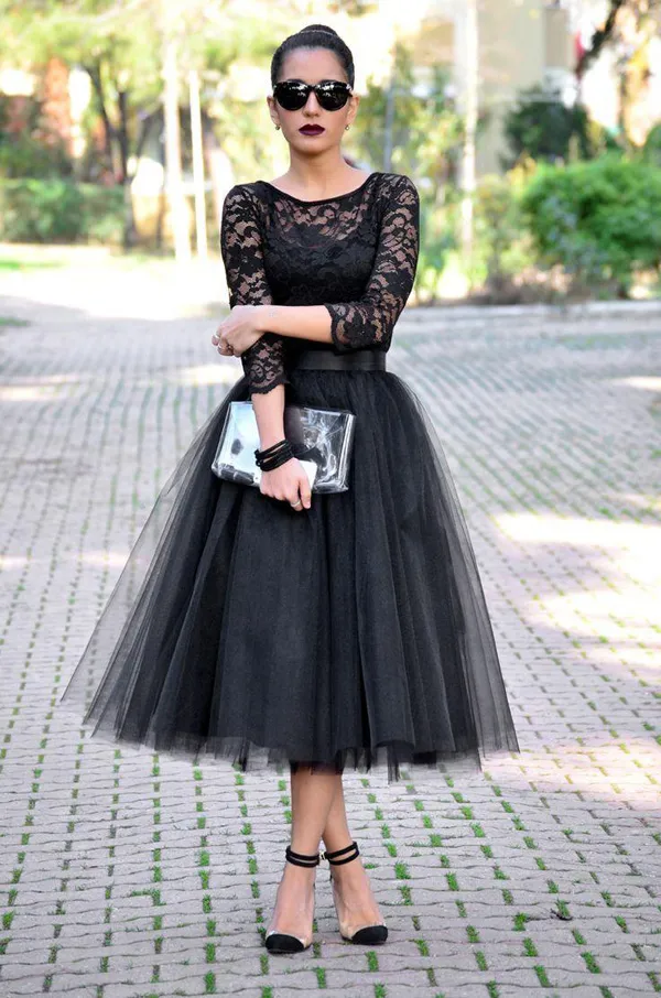 Abiti da sera corti vintage Pizzo nero Illusion Maniche lunghe Lunghezza tè Abiti da ballo formale con fascia Tulle morbido Custom Made Cheap