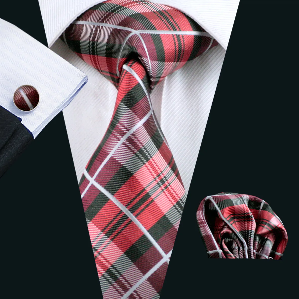 Classic Red Plaid Tie Set Pocket Square Cufflinks Jacquard Woven Formal Silk Business Tie Work Meeting Leisure N-0376