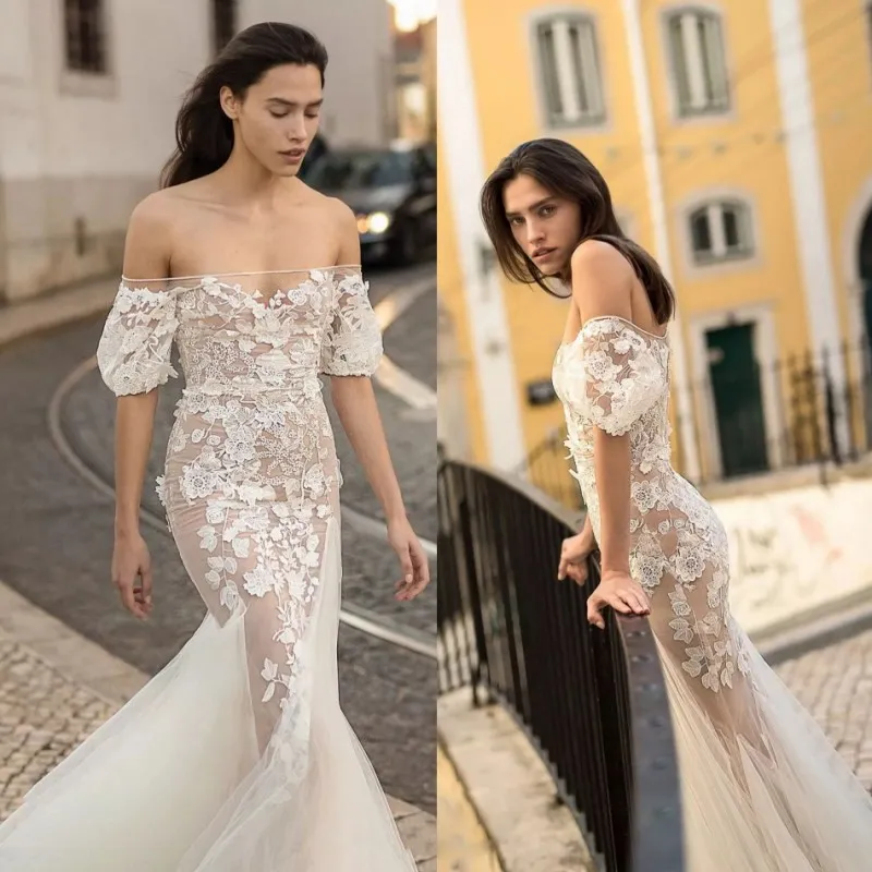 Liz Martinez 2018 Primavera Applicazioni di pizzo Abiti da sposa Sirena con spalle scoperte Abiti da sposa Abito da sposa trasparente Abiti da sposa