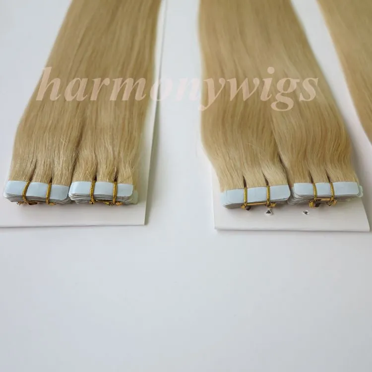 100g / pack extensões de cabelo Tape 100% do cabelo humano 18 20 22 extensão 24inch 60 # / Platinum Blonde cola de pele trama humana do cabelo