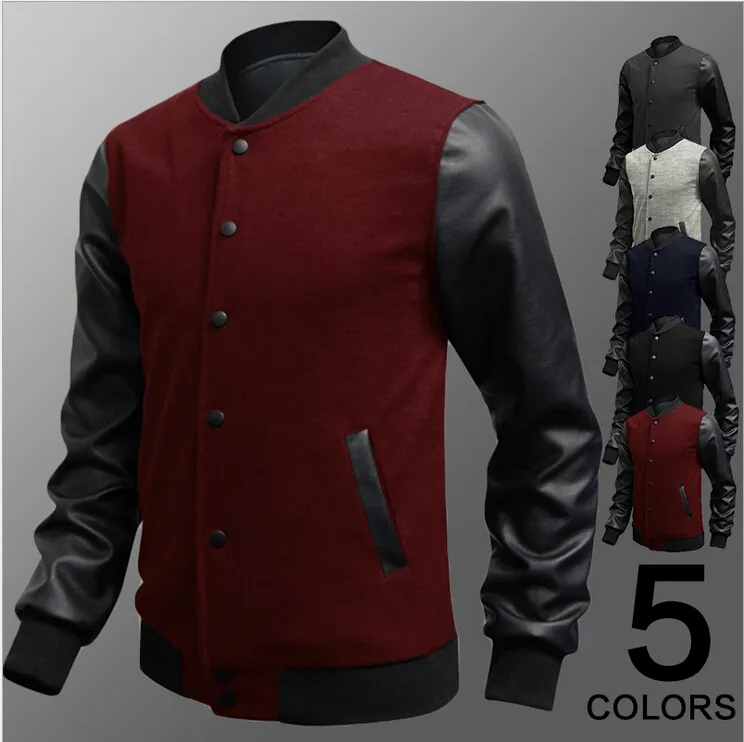 Envío libre de caídas 2015 suéter PU Cuello de cuero suéter personalizado de costura de béisbol personalizado hombre chaqueta