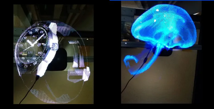 La più recente macchina pubblicitaria immagini olografiche 3D Proiezione a LED Ventola rotante Effetto di visualizzazione 3D senza occhiali Attira il bulbo oculare 50 cm di DHL