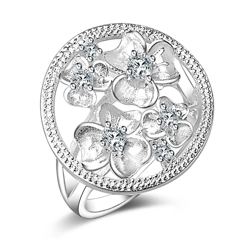 Livraison gratuite Nouveaux bijoux de mode en argent sterling 925 Grande fleur diamant blanc avec bague en zircon Pave vente chaude fille cadeau 1719