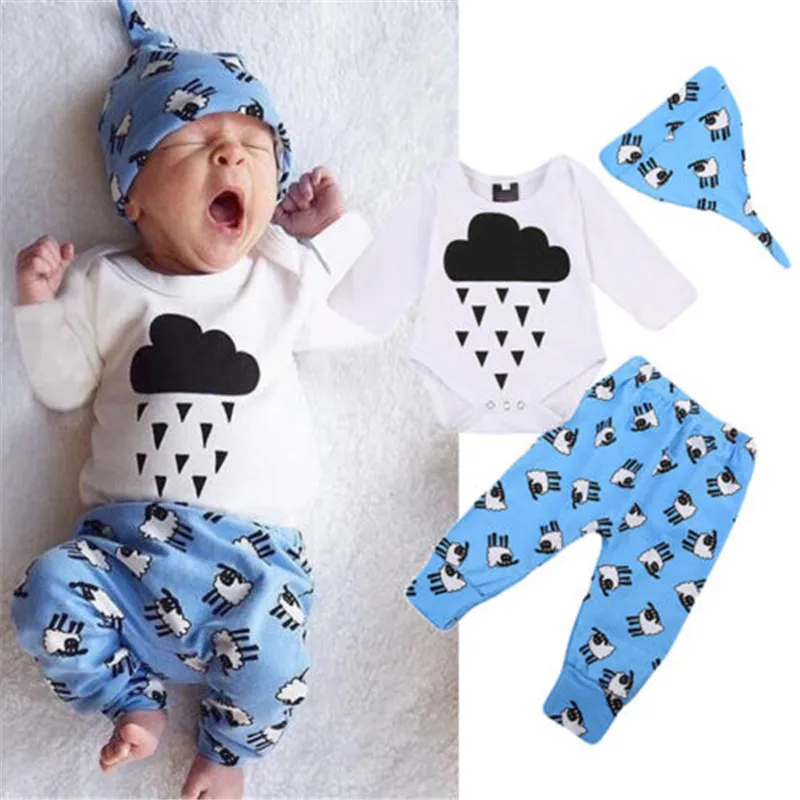 Ropa para bebés recién nacidos, niños y niñas, mono geométrico de manga larga con cuello redondo, pantalones con estampado de ovejas, sombrero con lazo, conjuntos de algodón de 3 uds.