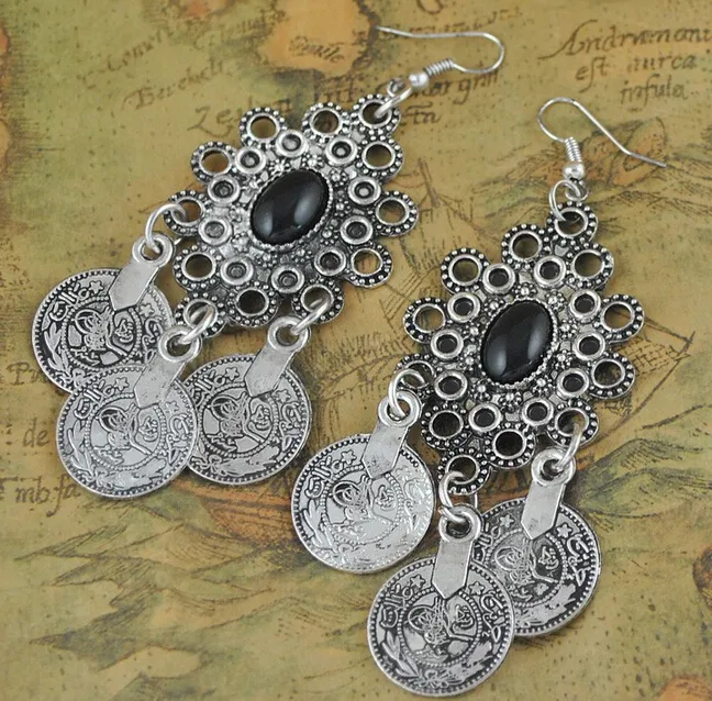 Retro Silver Turkish Coin Earrings Floral Design Boho Gypsy Beachy Ethnic Tribal Festival Jewelry Turkish Bohemian Earrings