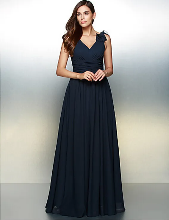 Formal Dark Navy A-line V-neck Floor-length Bridesmaid Dress Chiffon Sleeveless Formal Evening Dress