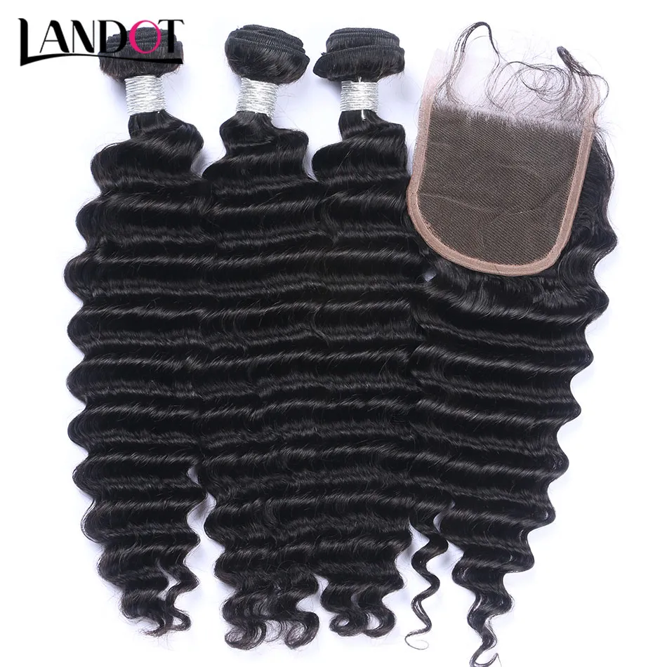 Peruvian Malaysian Indian Cambodian Brazilian Deep Wave Virgin Hair 3 Bundles with Top Lace Closures Deep Curly Mink Remy Human Hair Weaves