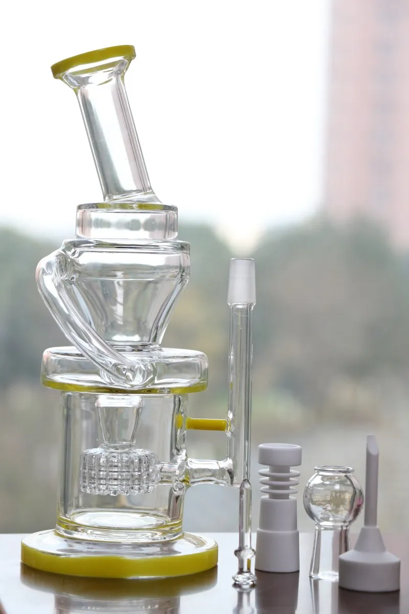 Tjockglas Bongs Grön och gul toppkvalitet 14.4mm Joint Rökning Hookahs Glas Vattenrör Oril Rigs Bongs Recycler HeadyShop 2016