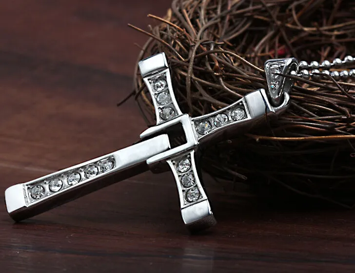 New Design Charming Style 316L Stainless Steel Silver Zircon Cross Pendant Necklace Unisex Men Fast & Furious So Cool Classical