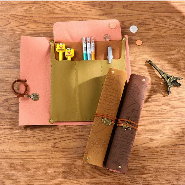 ヴィンテージのレトロな宝物の地図鉛筆ケースラグジュアリーロールレザーPUペンバッグポーチのための袋の袋を作る化粧品バッグG1229