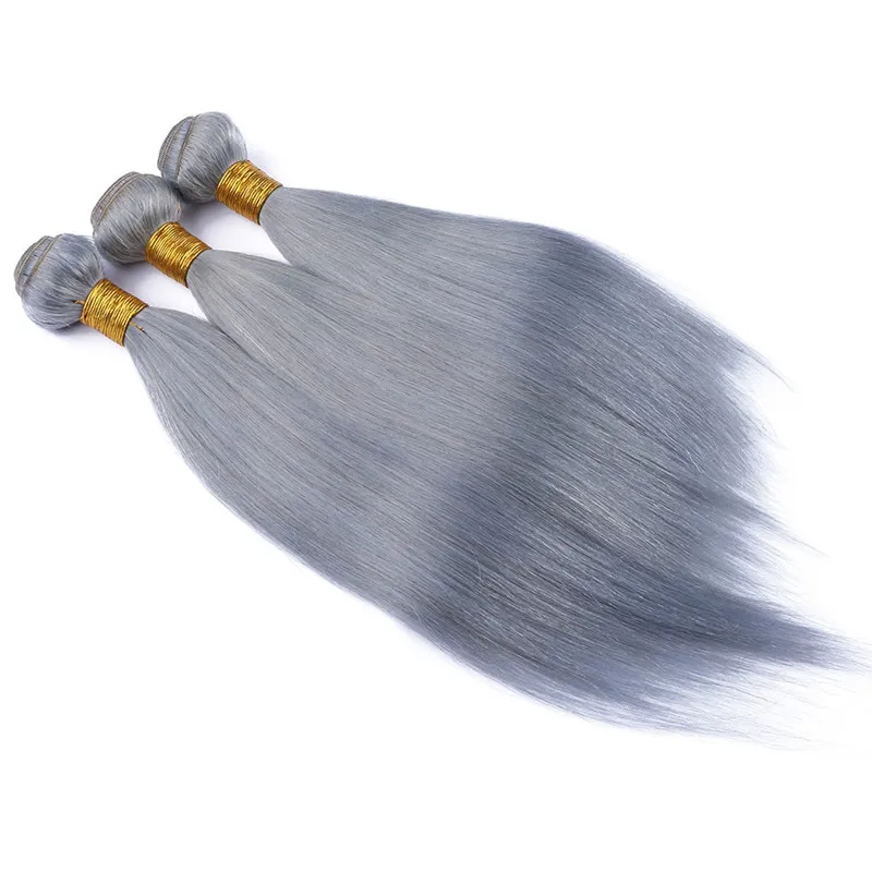 Virgin Brasilian Silver Grå Human Hair Extensions 3st Silky Straight Virgin Remy Hair Weaves Pure Gray Color Human Hair Buntles 10-30 